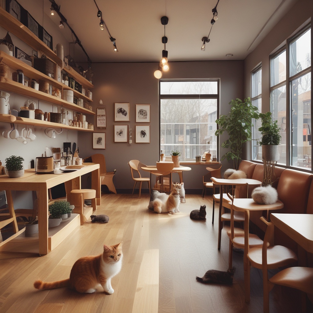 Interior of a cat cafe with cozy seating and cats