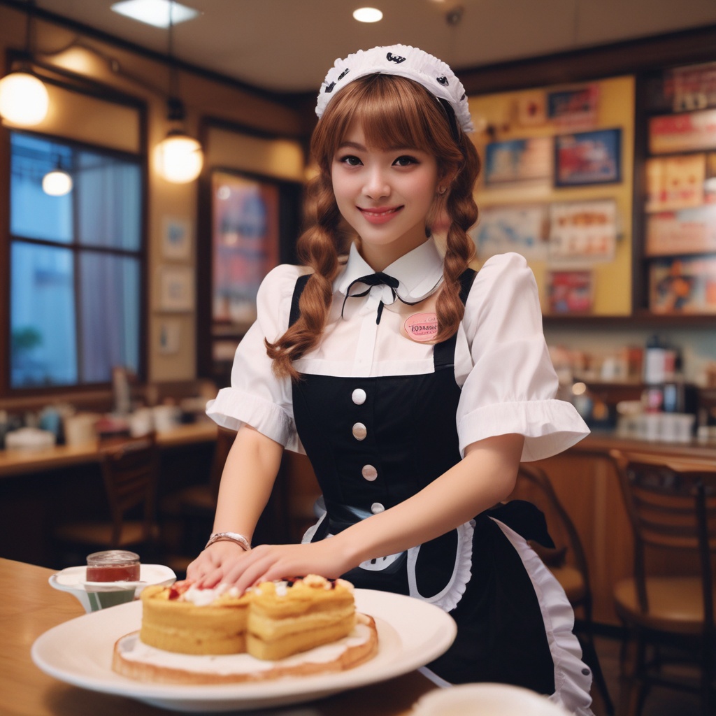 Waitress in maid outfit serving in popular maid cafe in Tokyo